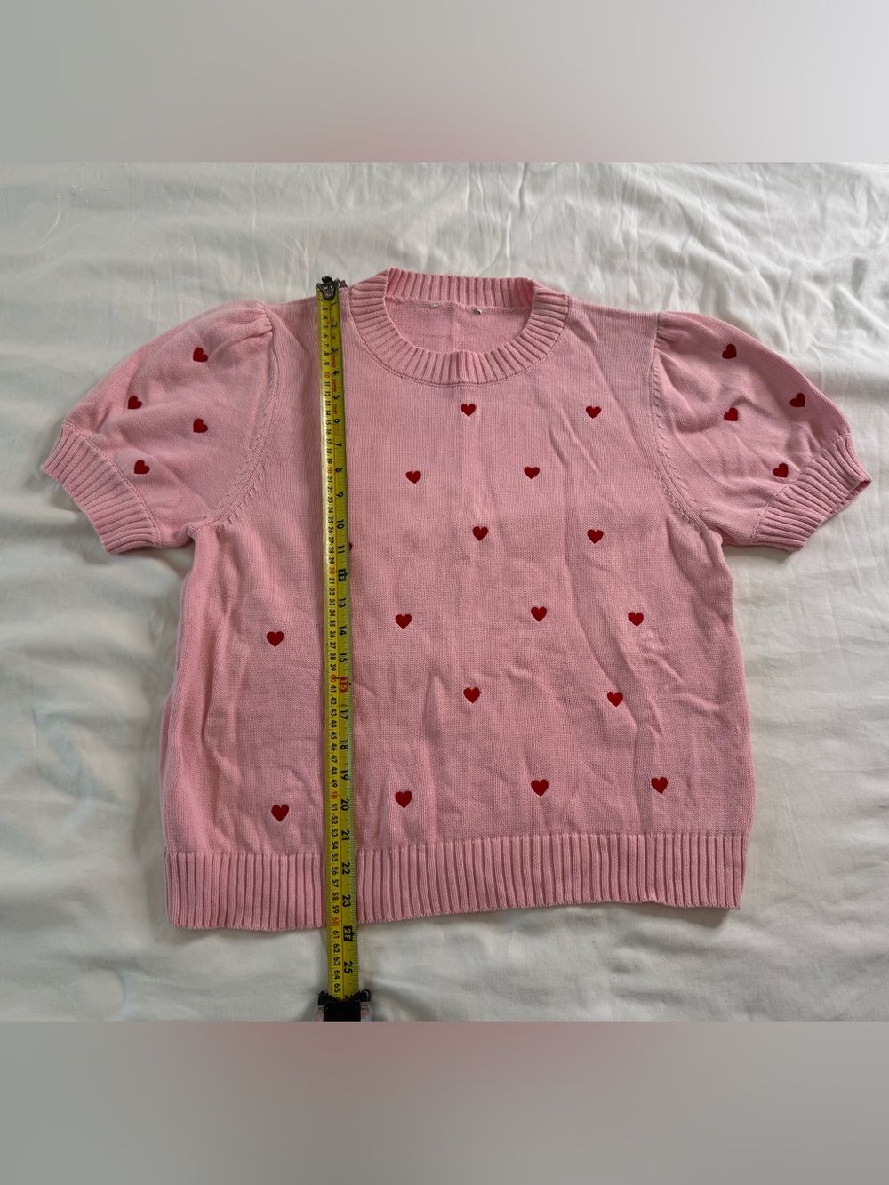 Pink Heart Puff Sleeve Cotton Sweater 2X Coquette Romantic Hearts Knit Top - Picture 7 of 10